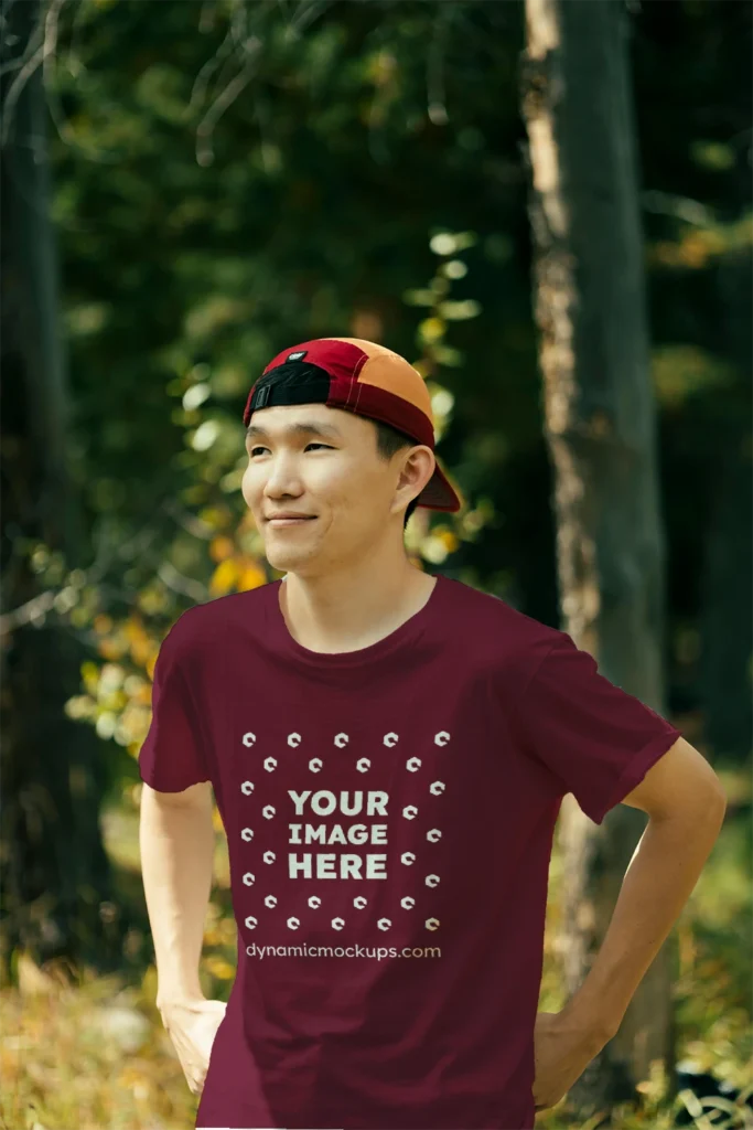 Man Wearing Maroon T-shirt Mockup Front View Template