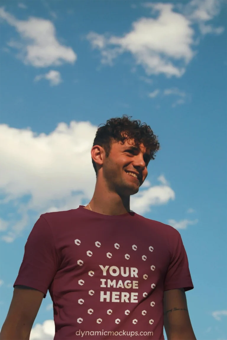 Man Wearing Maroon T-shirt Mockup Front View Template