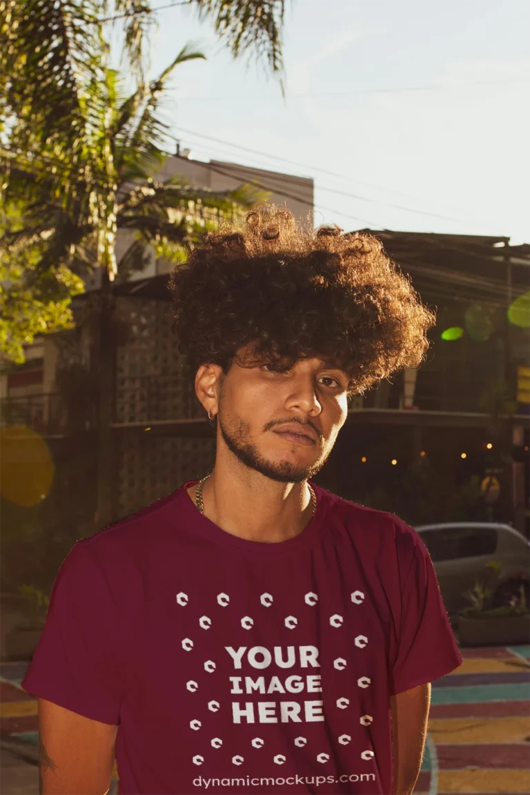 Man Wearing Maroon T-shirt Mockup Front View Template