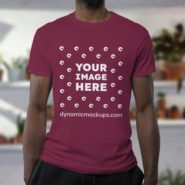 Man Wearing Maroon T-shirt Mockup Front View Template