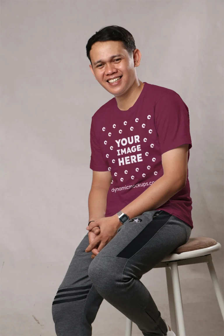 Man Wearing Maroon T-shirt Mockup Front View Template