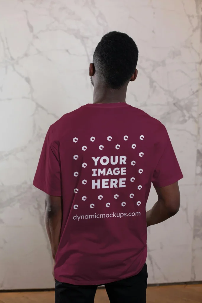 Man Wearing Maroon T-shirt Mockup Back View Template