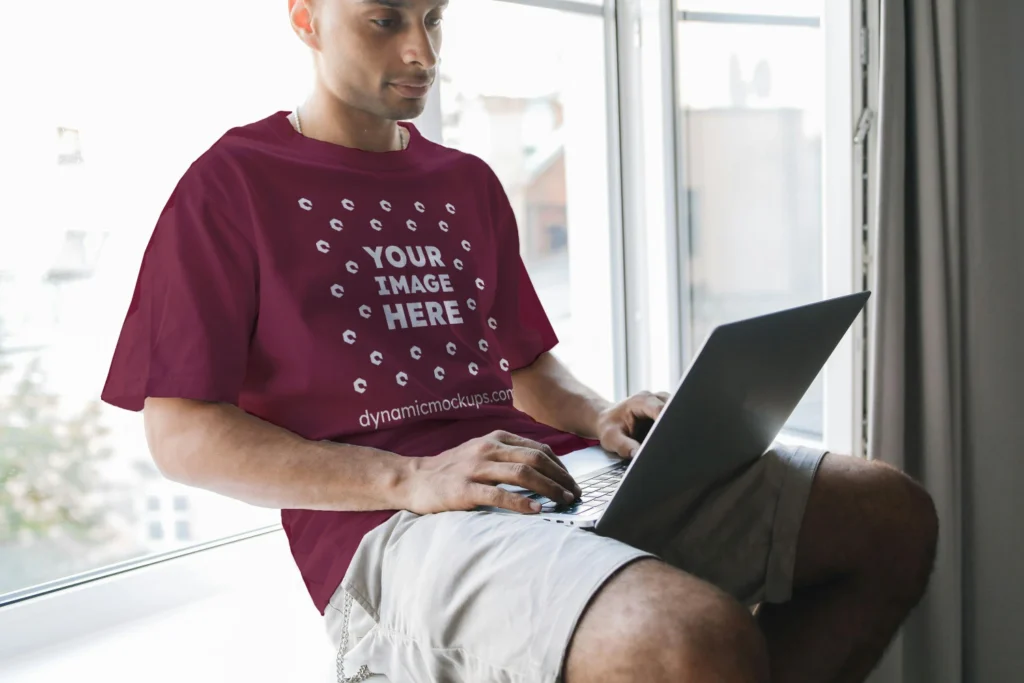 Man Wearing Maroon T-shirt Mockup Front View Template