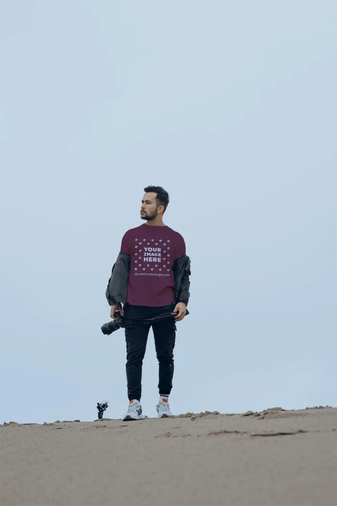 Man Wearing Maroon T-shirt Mockup Front View Template