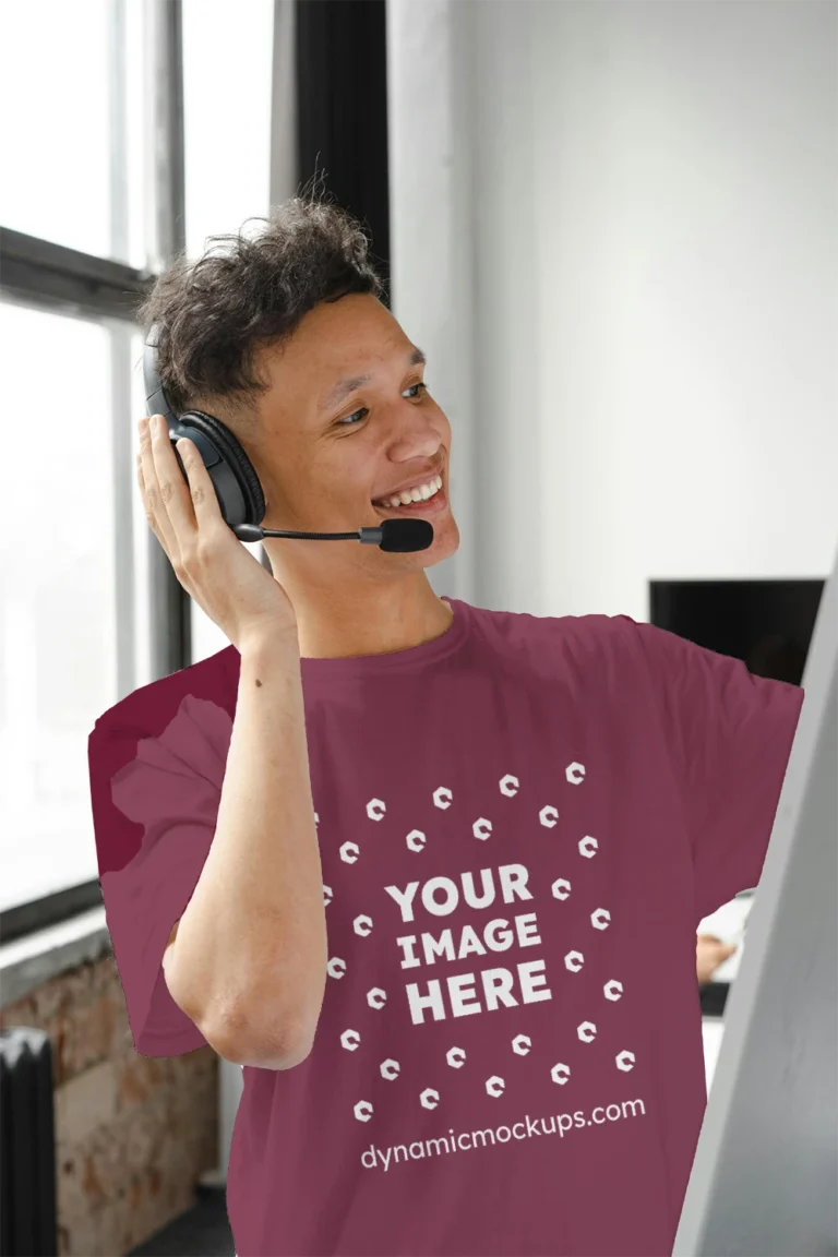 Man Wearing Maroon T-shirt Mockup Front View Template