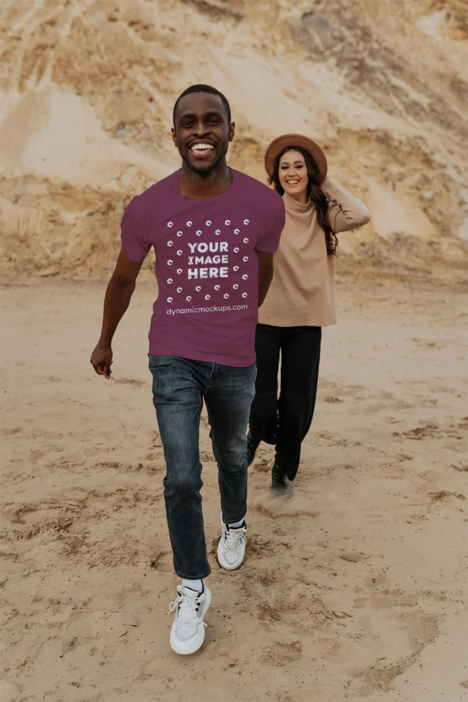 Man Wearing Maroon T-shirt Mockup Front View Template