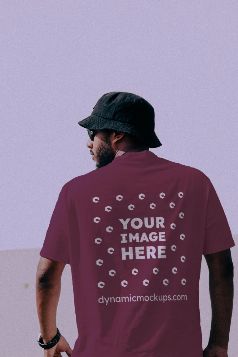 Man Wearing Maroon T-shirt Mockup Back View Template