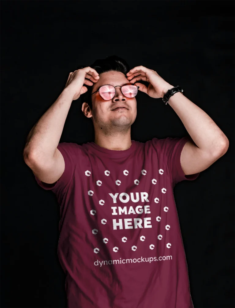 Man Wearing Maroon T-shirt Mockup Front View Template