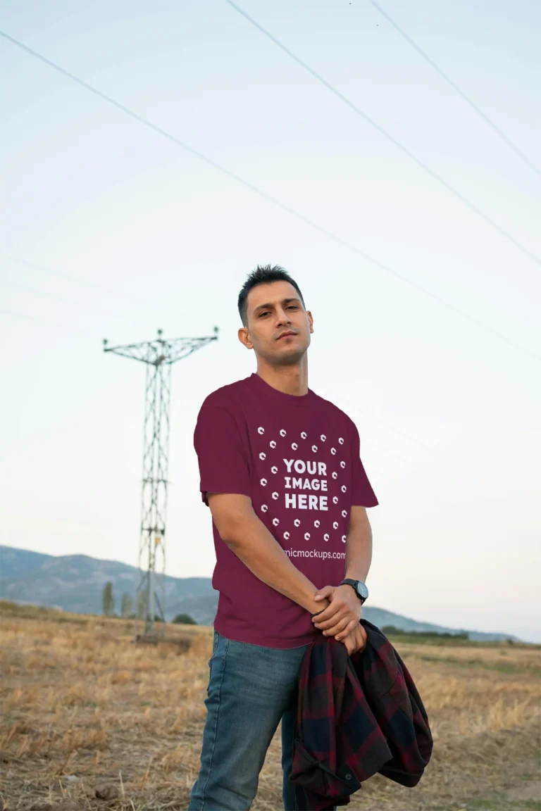 Man Wearing Maroon T-shirt Mockup Front View Template