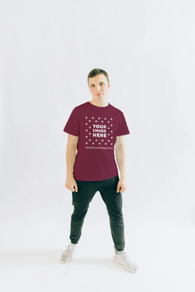 Man Wearing Maroon T-shirt Mockup Front View Template