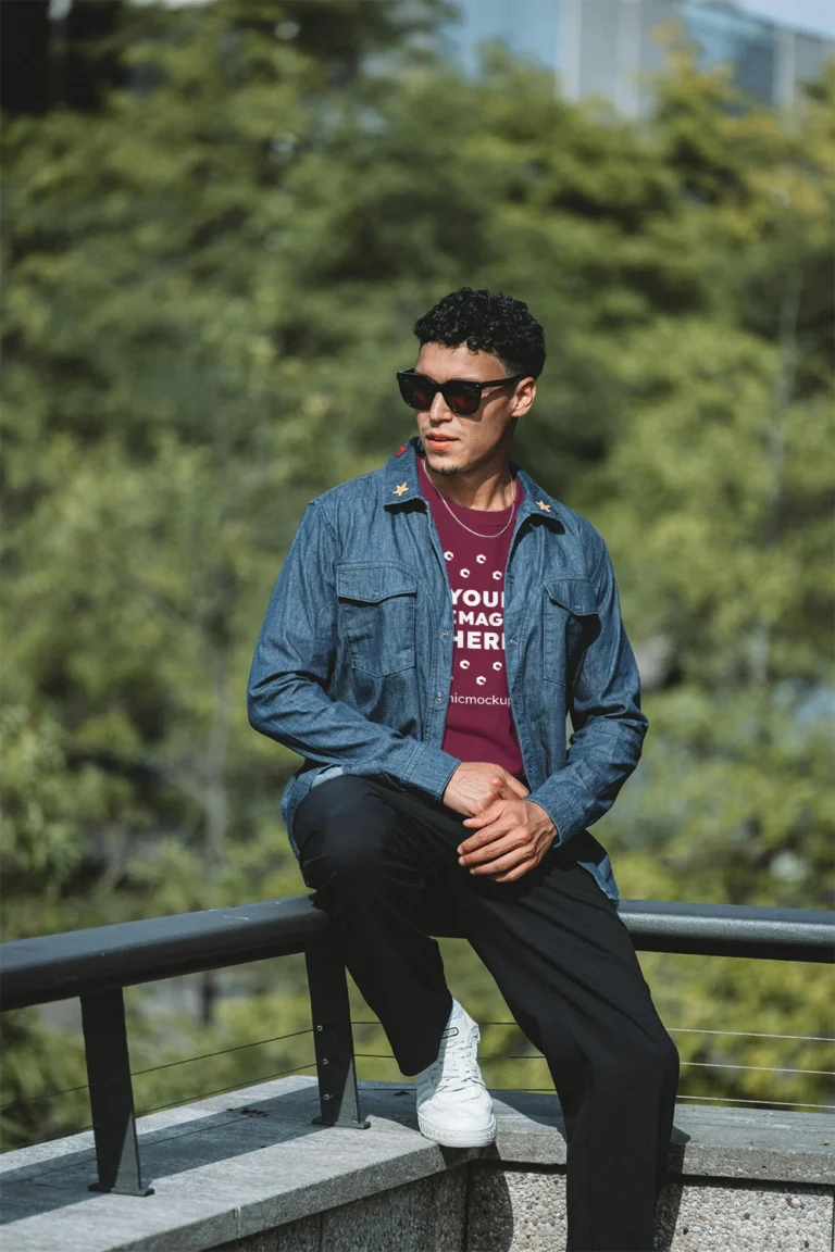 Man Wearing Maroon T-shirt Mockup Front View Template