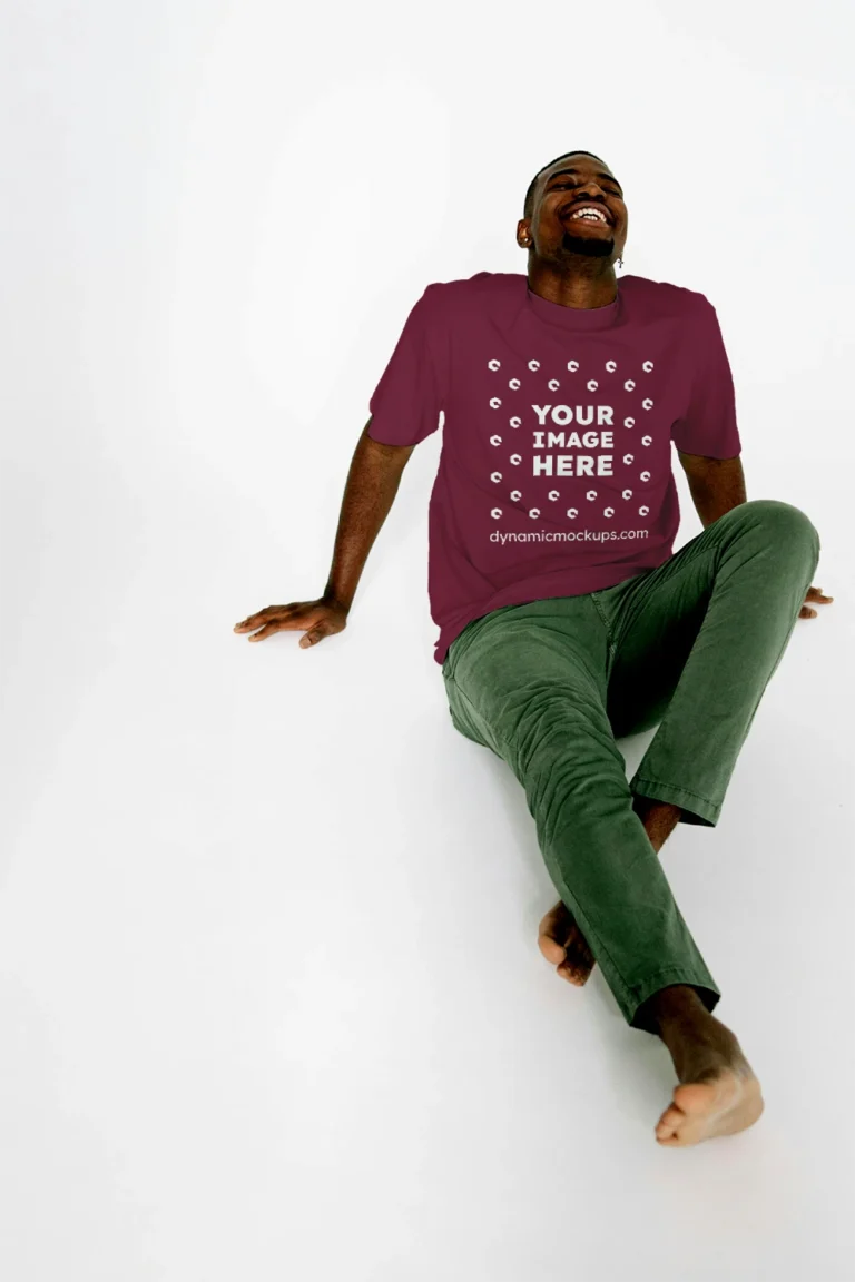 Man Wearing Maroon T-shirt Mockup Front View Template