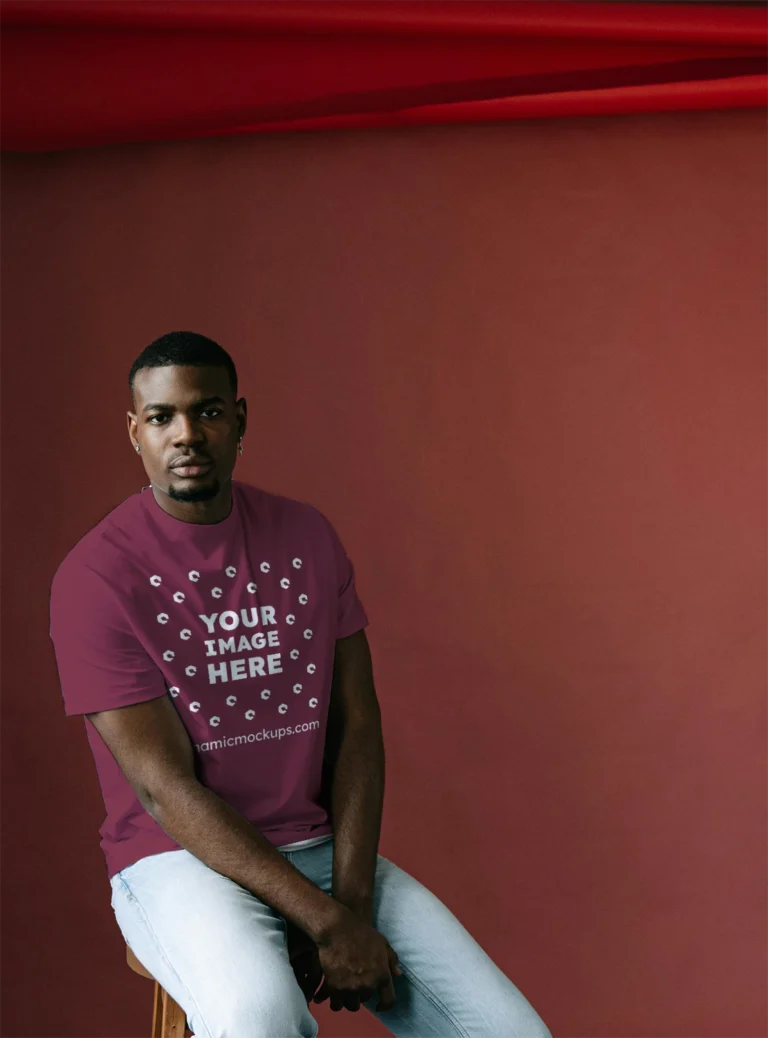 Man Wearing Maroon T-shirt Mockup Front View Template