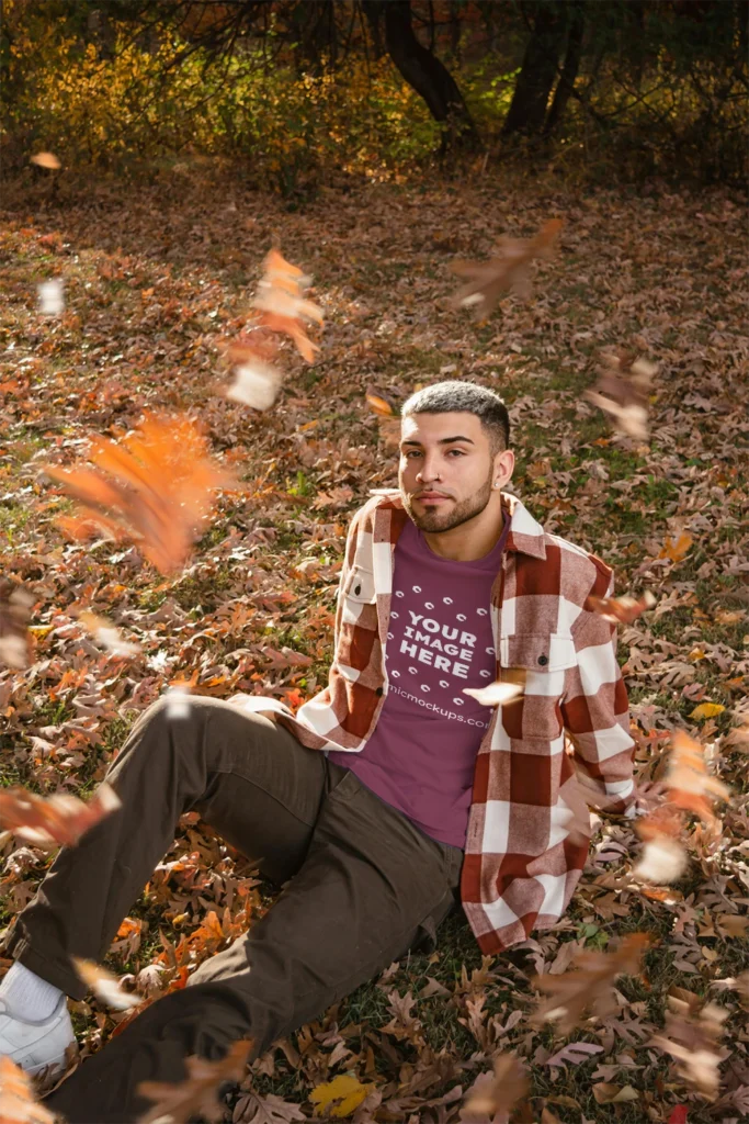 Man Wearing Maroon T-shirt Mockup Front View Template