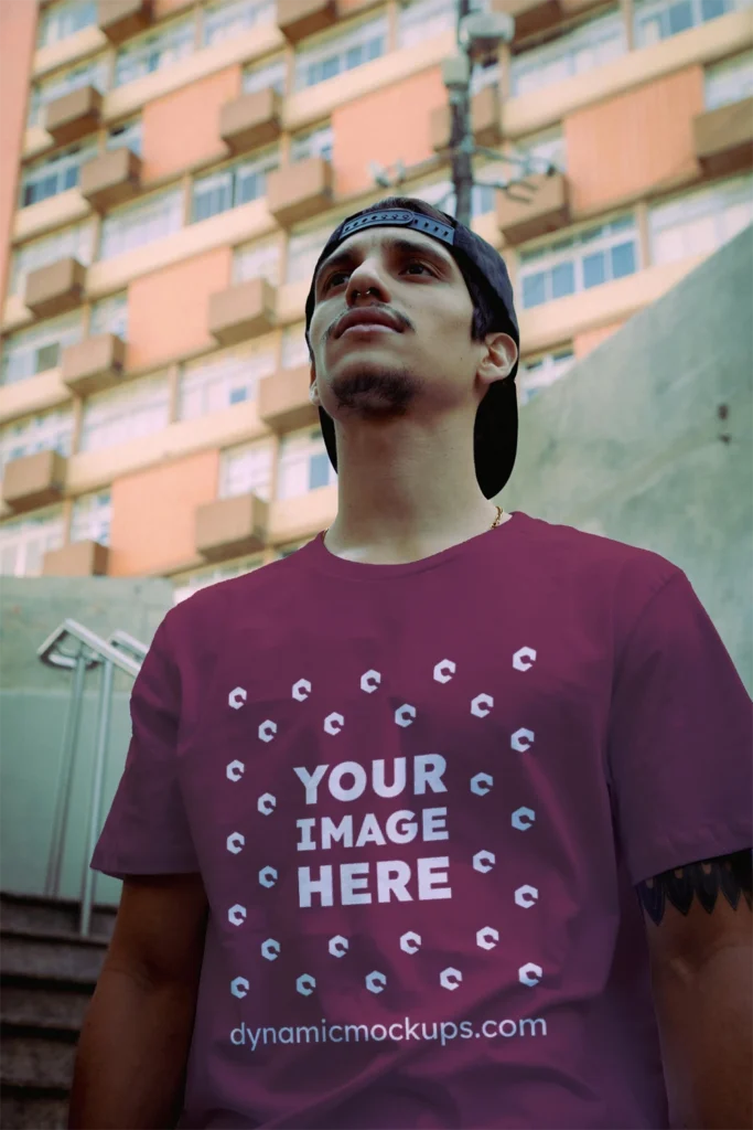 Man Wearing Maroon T-shirt Mockup Front View Template