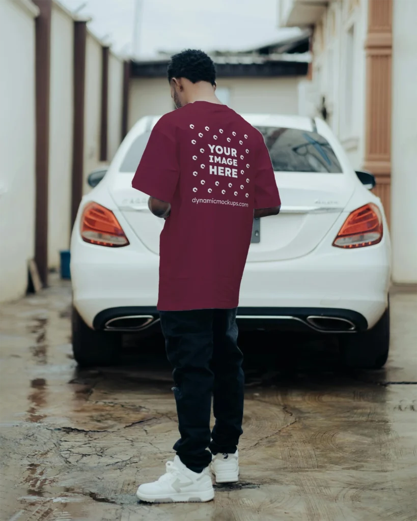 Man Wearing Maroon T-shirt Mockup Back View Template