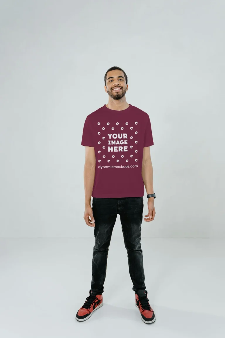 Man Wearing Maroon T-shirt Mockup Front View Template