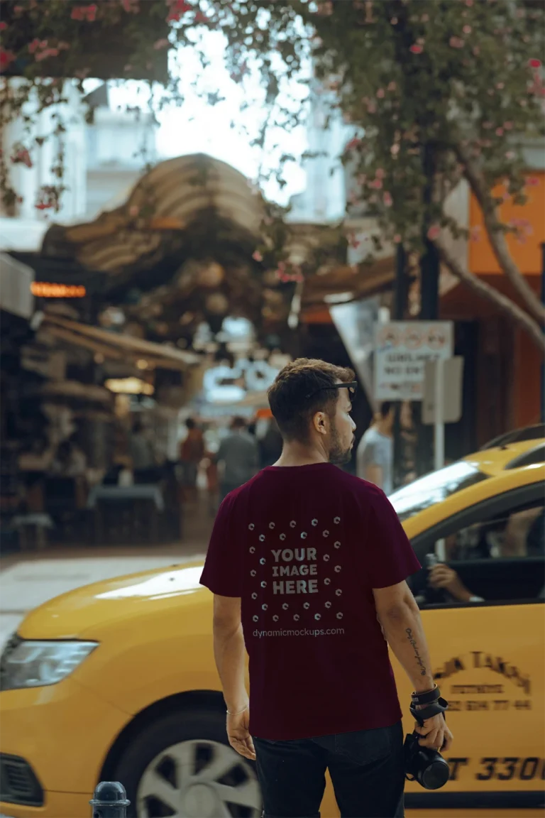 Man Wearing Maroon T-shirt Mockup Back View Template