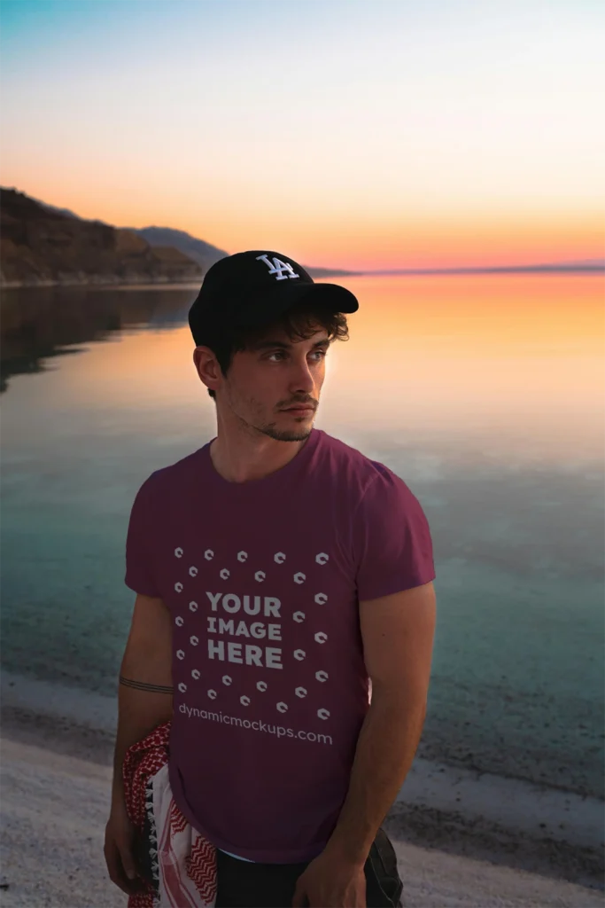 Man Wearing Maroon T-shirt Mockup Front View Template