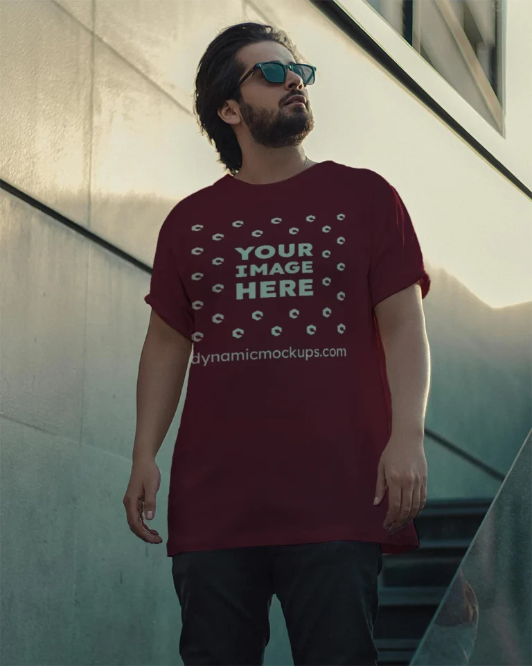 Man Wearing Maroon T-shirt Mockup Front View Template