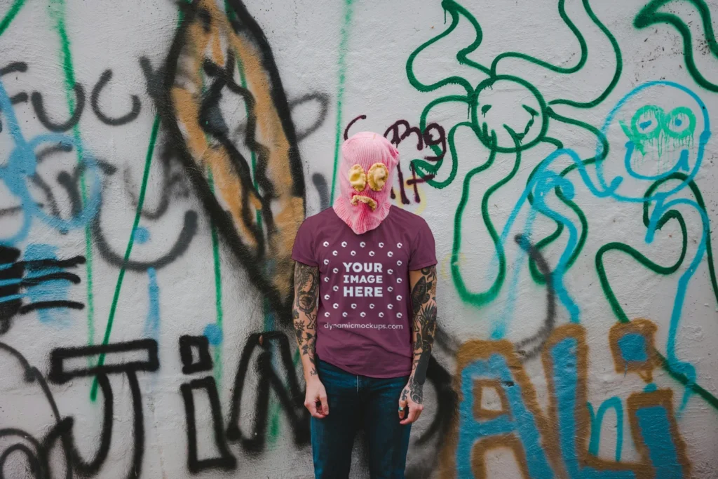 Man Wearing Maroon T-shirt Mockup Front View Template