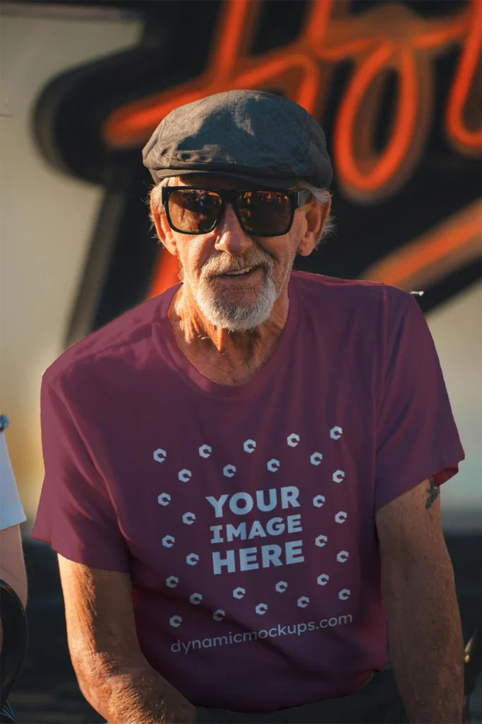 Man Wearing Maroon T-shirt Mockup Front View Template