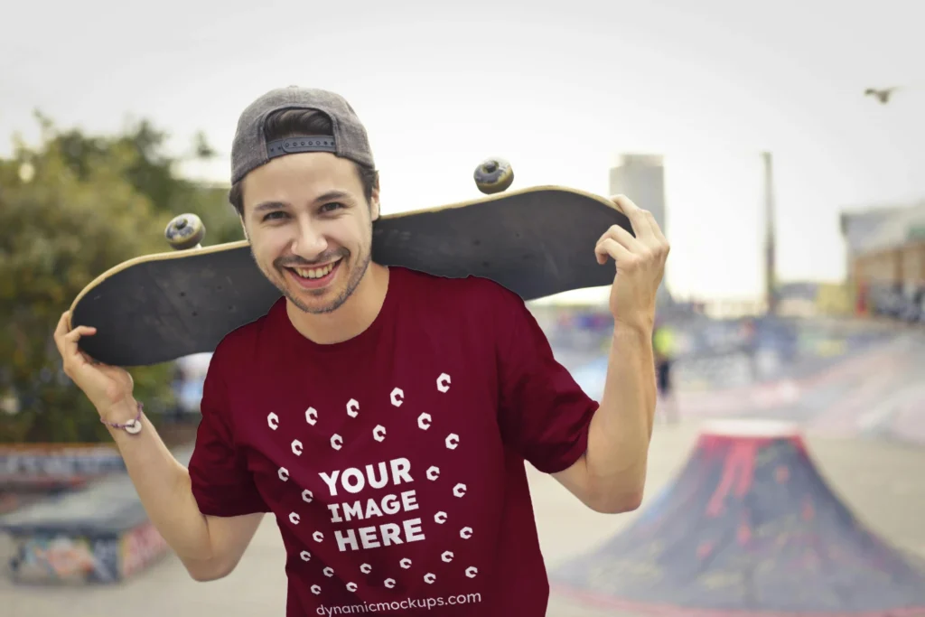 Man Wearing Maroon T-shirt Mockup Front View Template