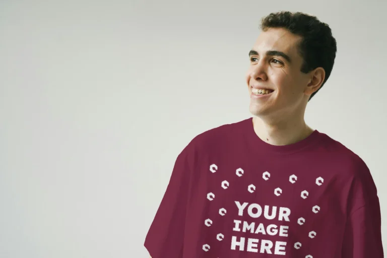 Man Wearing Maroon T-shirt Mockup Front View Template