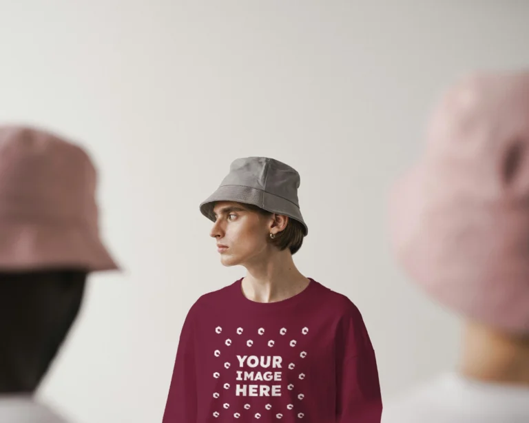 Man Wearing Maroon T-shirt Mockup Front View Template