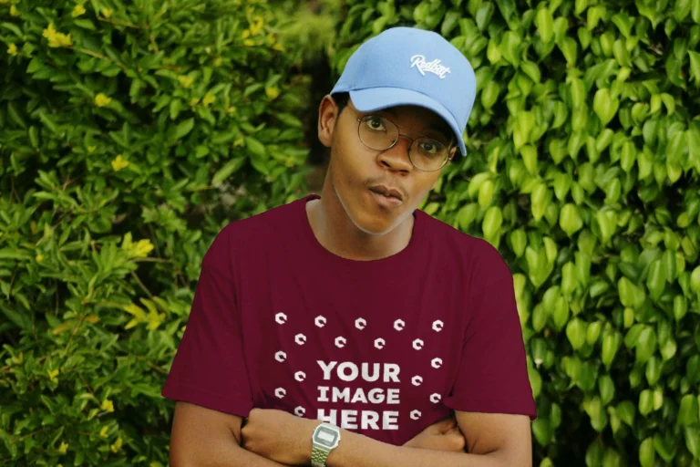 Man Wearing Maroon T-shirt Mockup Front View Template