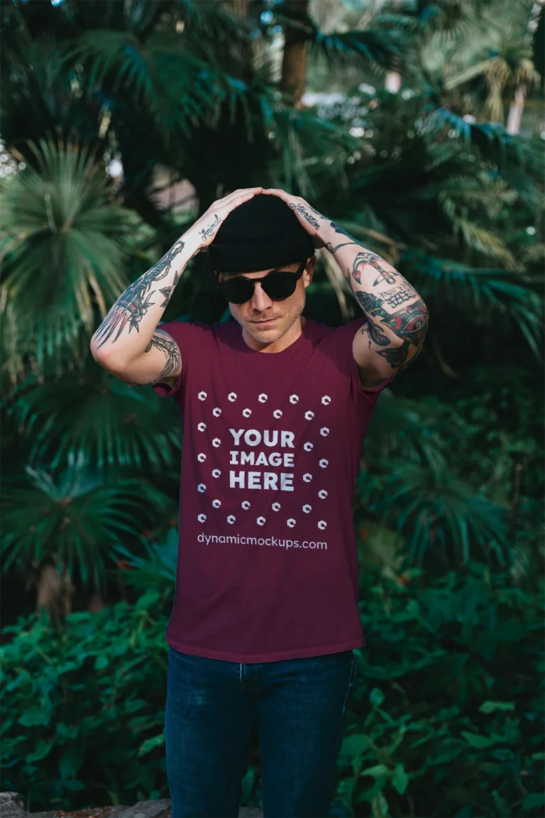 Man Wearing Maroon T-shirt Mockup Front View Template