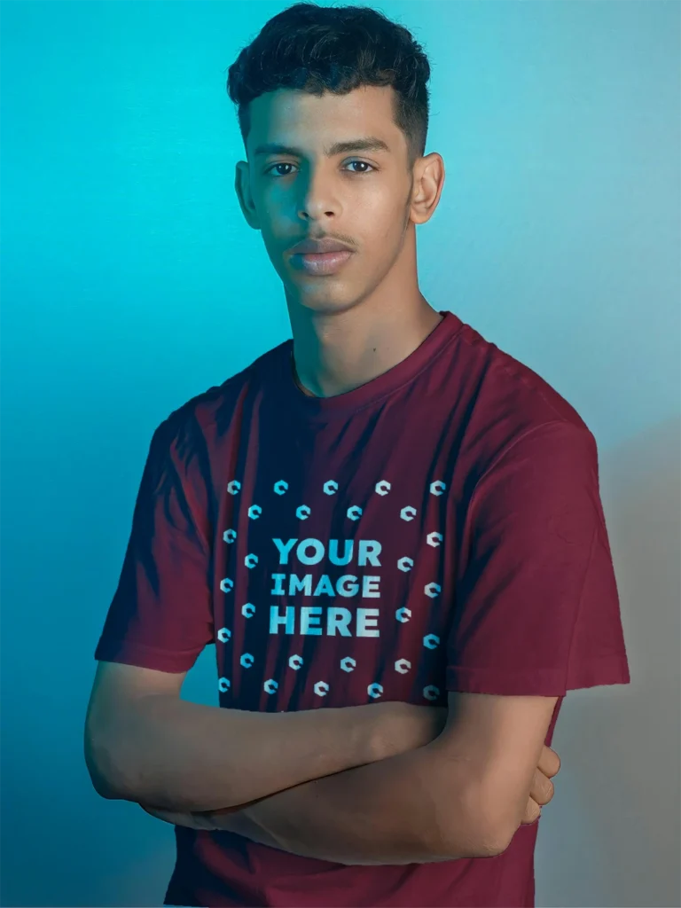 Man Wearing Maroon T-shirt Mockup Front View Template