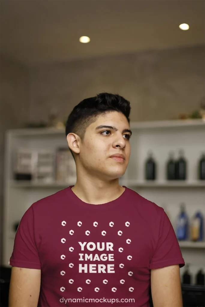 Man Wearing Maroon T-shirt Mockup Front View Template