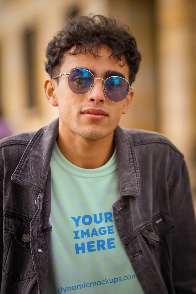 Man Wearing Mint T-shirt Mockup Front View Template