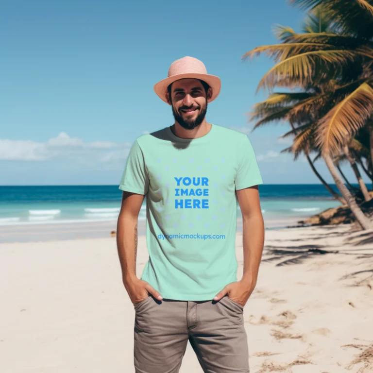 Man Wearing Mint T-shirt Mockup Front View Template