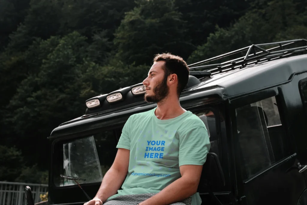 Man Wearing Mint T-shirt Mockup Front View Template