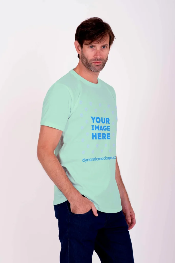 Man Wearing Mint T-shirt Mockup Side View Template