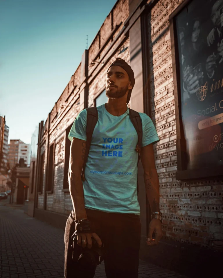 Man Wearing Mint T-shirt Mockup Front View Template