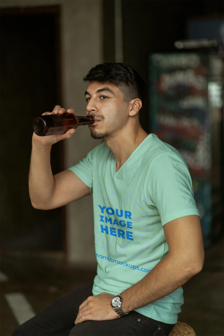 Man Wearing Mint T-shirt Mockup Side View Template