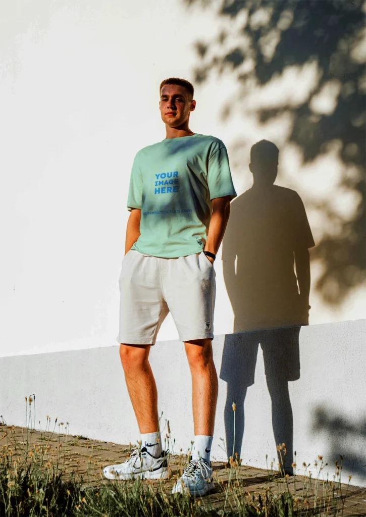 Man Wearing Mint T-shirt Mockup Front View Template