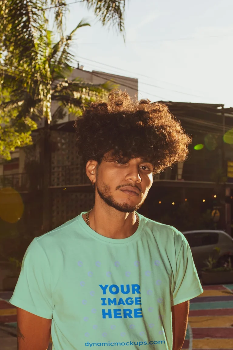 Man Wearing Mint T-shirt Mockup Front View Template