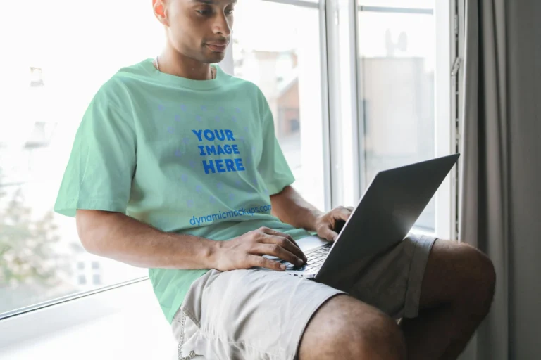 Man Wearing Mint T-shirt Mockup Front View Template