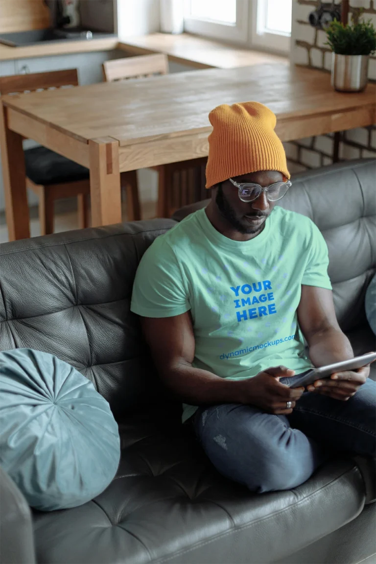 Man Wearing Mint T-shirt Mockup Front View Template