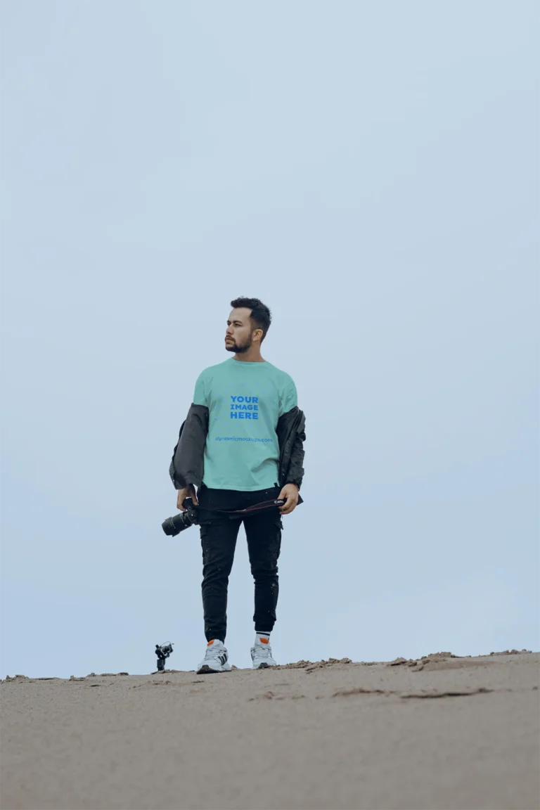 Man Wearing Mint T-shirt Mockup Front View Template