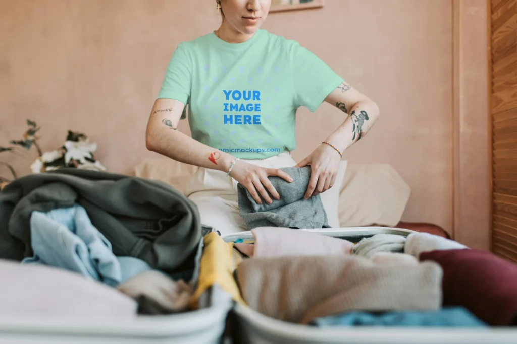 Man Wearing Mint T-shirt Mockup Front View Template