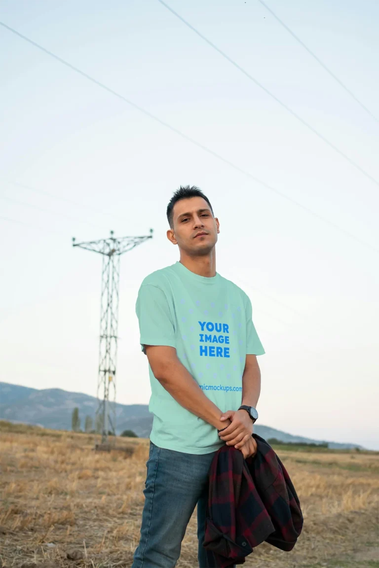 Man Wearing Mint T-shirt Mockup Front View Template