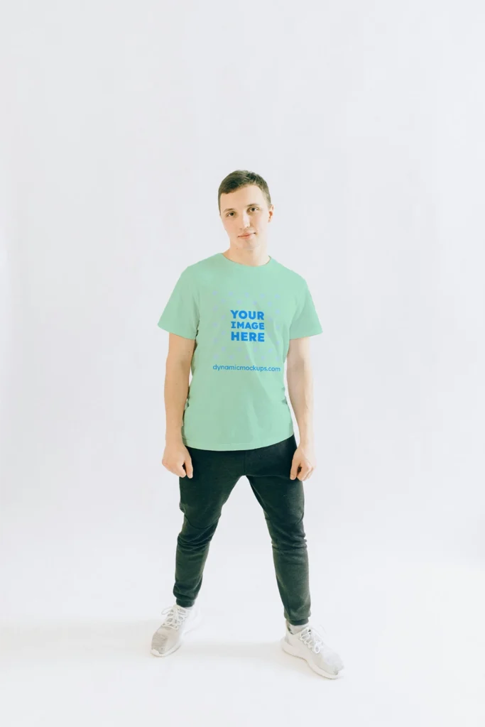 Man Wearing Mint T-shirt Mockup Front View Template