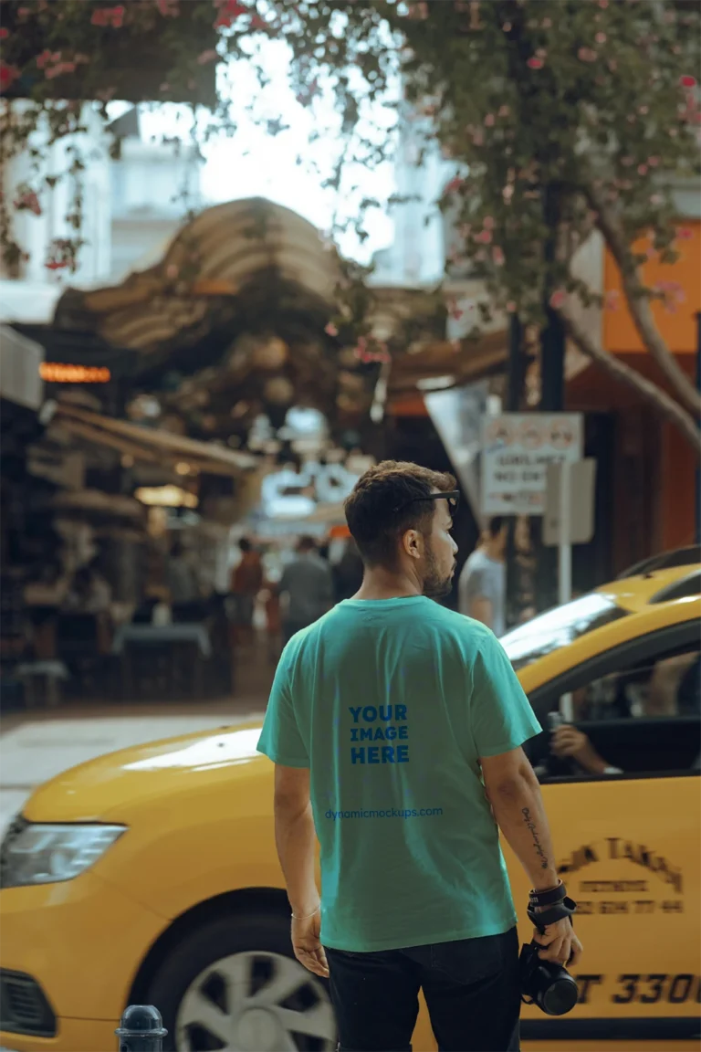 Man Wearing Mint T-shirt Mockup Back View Template