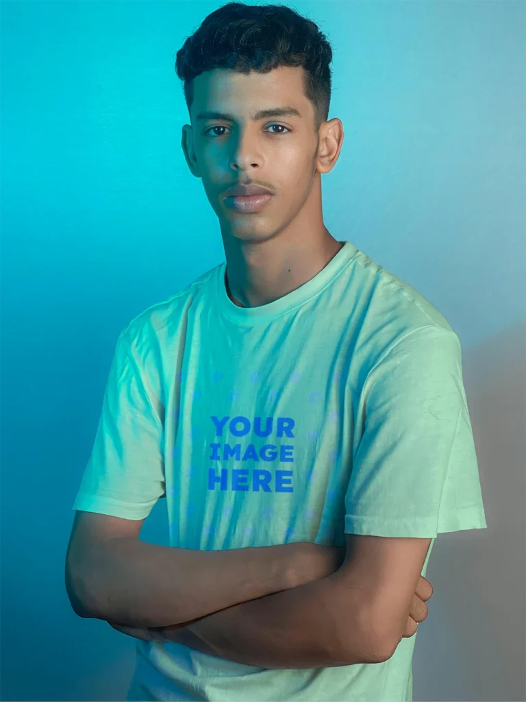 Man Wearing Mint T-shirt Mockup Front View Template