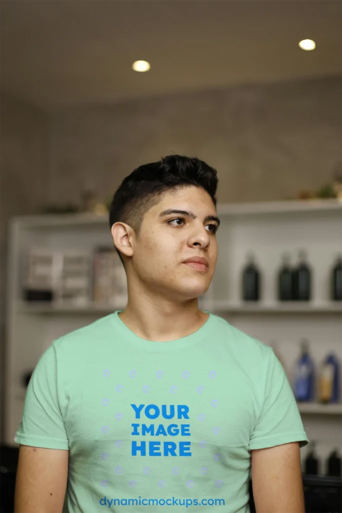 Man Wearing Mint T-shirt Mockup Front View Template